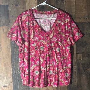 Women’s Sz XL LOFT Pink Paisley Short-Sleeve V-Neck Top